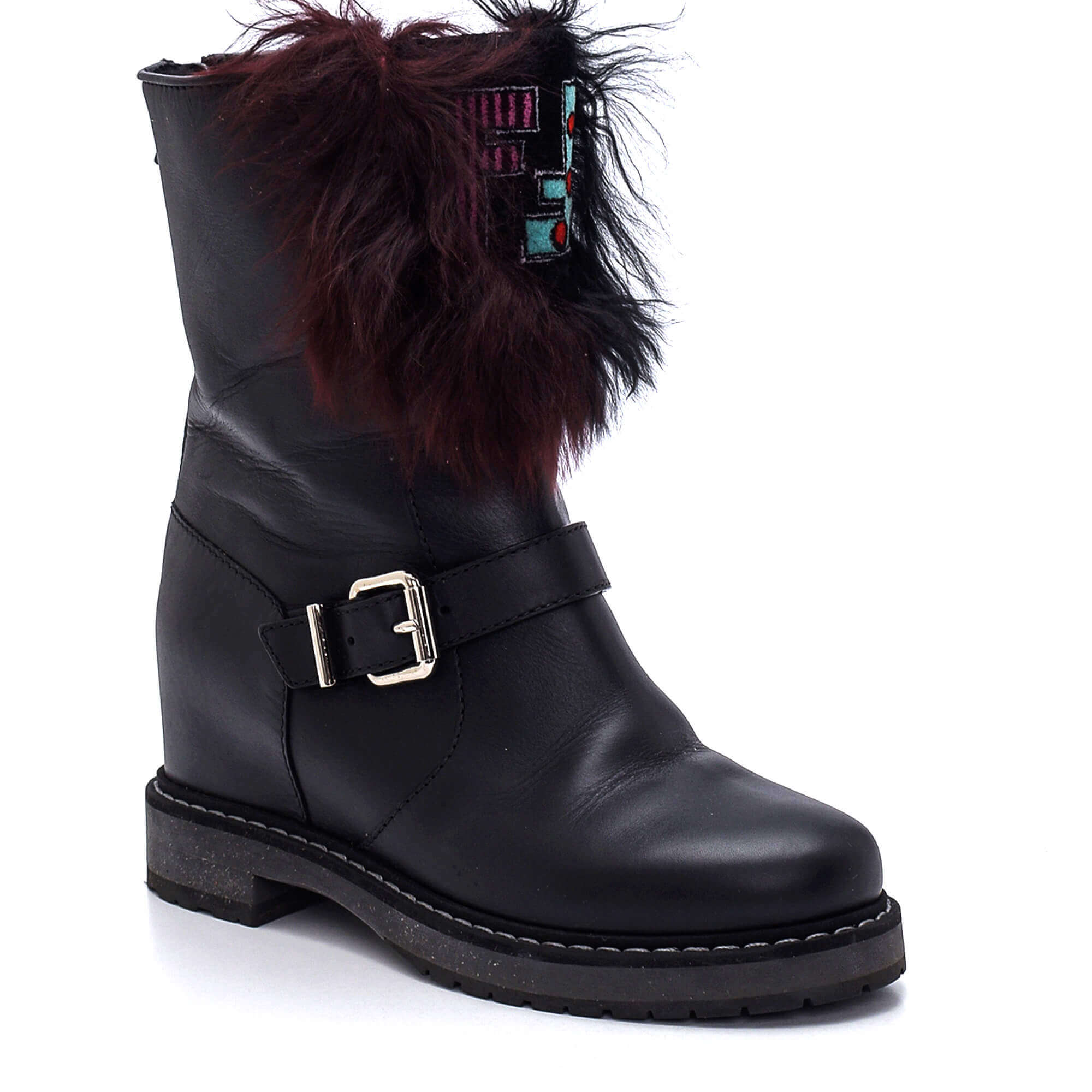 Fendi - Black Leather FF Logo Fur & Strap Detail Boots/39